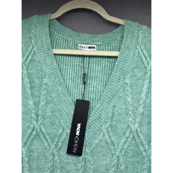 Fashion Nova Sweater Dress Sz XL Mint Green Cable Knit Long Sleeve Midi - Picture 2 of 12